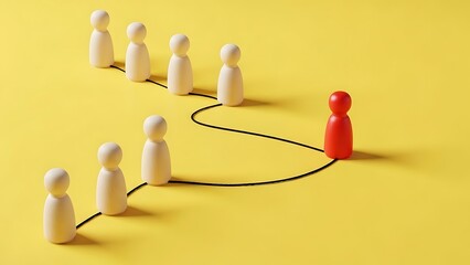 Obraz premium A group of white figurines following a red leader figure along a winding path on a yellow background