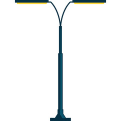 Tall Dark Blue Street Lamp With Two Yellow Lights On Top Against A White Background Modern Urban Outdoor Lighting Fixture