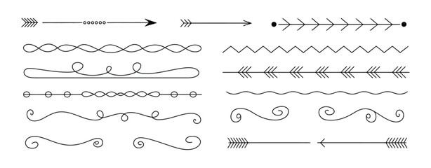 Fototapeta premium Hand drawn doodle line dividers and arrow icons, decorative borders, swirls, underlines, sketch style