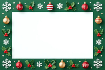 Christmas holiday frame background, green festive border, red gold baubles, holly leaves berries, white snowflakes, winter season celebration decor, blank space template 3D