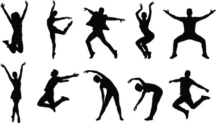 Dynamic Black Silhouettes Set of Jumping, Dancing, and Fitness Poses Representing Active Lifestyle, Energy, and Freedom, Vector Graphics Collection