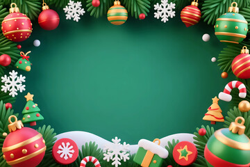 3D render illustration festive winter holiday background, christmas decoration elements pine fir border, ornaments balls snowflakes candy canes gift box trees star, green blank copy space new year