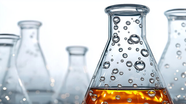 Scientific Alchemy: A detailed close-up of glass beakers filled with colorful liquids, each with unique textures and bubbles, evokes a sense of scientific innovation. - Powered by Adobe