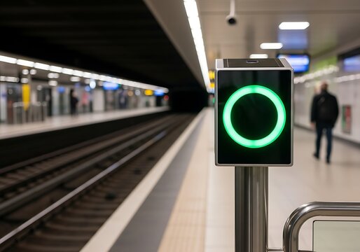 Green Circle Sign at Subway Platform with Tracks and Blurred People - Powered by Adobe