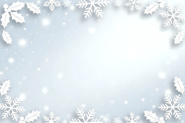 Christmas background, winter holiday frame, white snowflakes holly leaves, snow border, light blue gradient, festive season, vector illustration