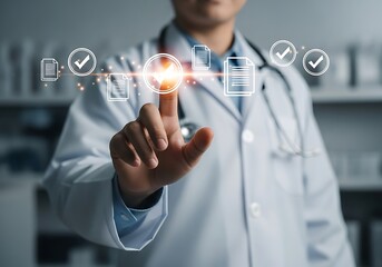 Doctor Interacting with Digital Checklist Icons in Clinic