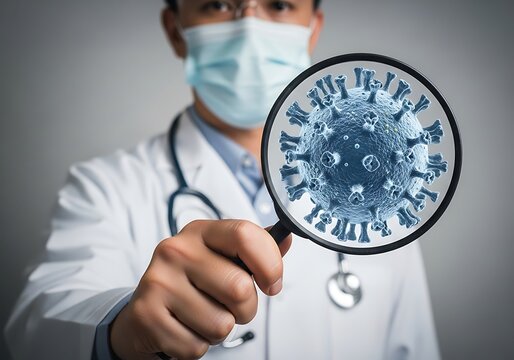 Doctor in Mask Holds Magnifying Glass Over Blue Coronavirus Cell