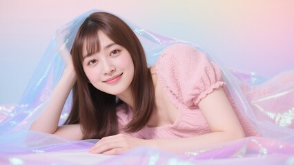 オーロラ色のヴェールを被り寝そべって微笑む女性