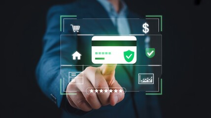 Man touching digital credit card with security checkmark and shopping icons