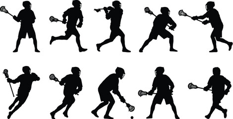 Lacrosse Players Silhouettes Collection, Male Athletes in Action Poses Running, Passing, and Shooting with Sticks and Ball, Isolated Vector Graphics