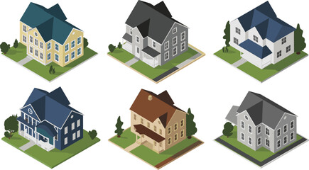 Isometric illustration set of residential houses showing suburban home designs, modern architecture, neighborhood property layout and colorful 3D real estate exterior views