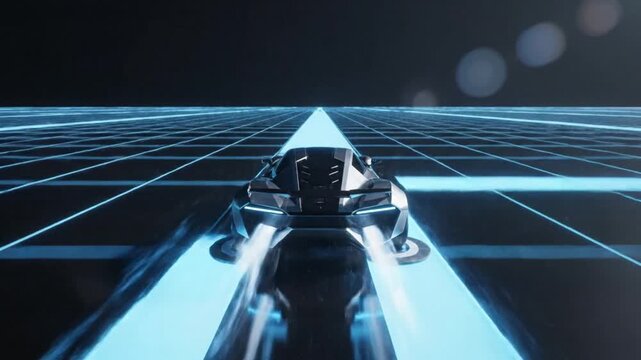 Futuristic vehicle speeds along illuminated grid lines, showcasing high-tech design and a sense of forward motion and technological advancement
