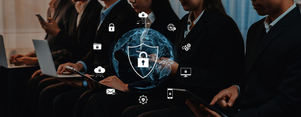 A diverse group of business professionals focusing on digital security practices surrounded by cybersecurity icons, emphasizing the importance of online safety and connectivity. Trope