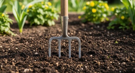 Metal Garden Fork Stuck in Freshly Tilled Soil Outdoors