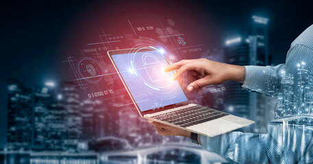 Cybersecurity system interface with biometric lock and data protection. Cybersecurity protects access, identity, cyber security prevents threats, and cyber security supports digital systems. Vouch