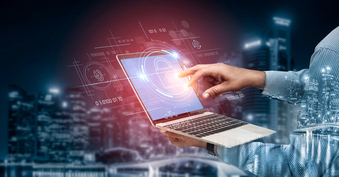 Cybersecurity system interface with biometric lock and data protection. Cybersecurity protects access, identity, cyber security prevents threats, and cyber security supports digital systems. Vouch