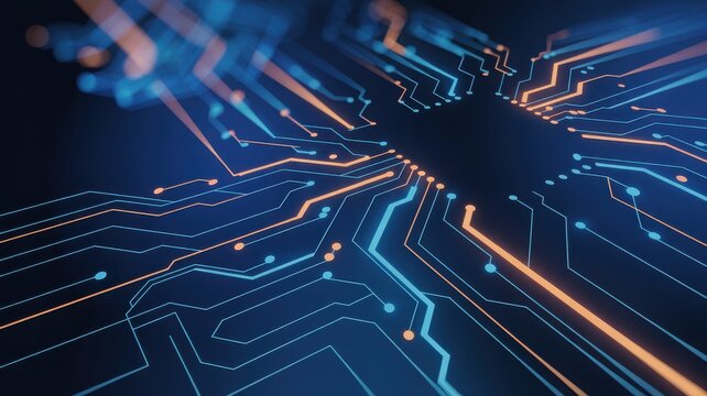 Abstract glowing circuit board with central processor and data flow