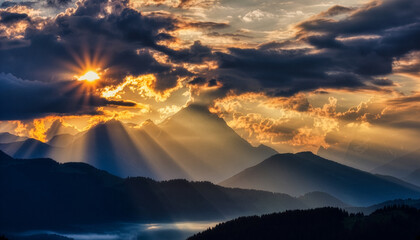 Majestic sunbeams breaking through dark clouds over mountain range at sunrise