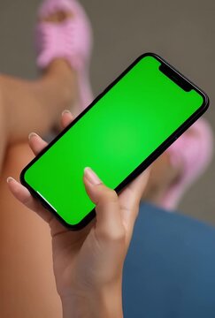 Woman relaxing using phone with green screen for easy customization, perfect for lifestyle, mobile app ads, and modern communication videos