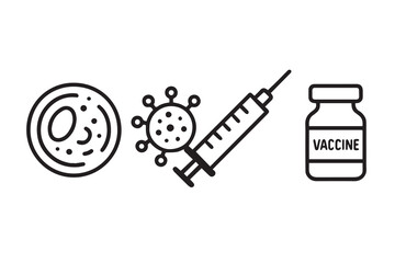 A minimalist vector design showing a vaccine syringe and a symbolic virus shape, arranged with smooth outlines and subtle details to highlight a clear, calm, and informative health concept.