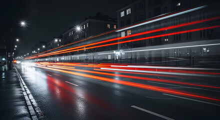 Captivating night scene featuring light trails on a wet city streetscape