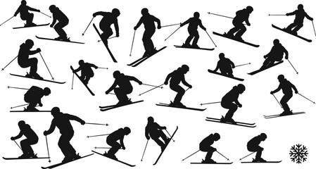 Dynamic skier silhouette collection showing various downhill skiing movements, winter sports action poses, outdoor snow activity illustrations for adventure and seasonal graphic design projects