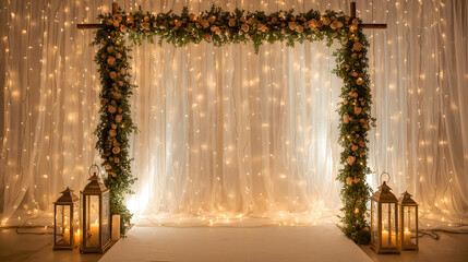 Elegant wedding arch with fairy lights and lanterns