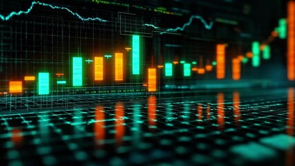 Financial Candlestick Chart Display: Glowing Neon Bars Showing Stock Market Trends Economic Data and Digital Analytics Interface - Powered by Adobe