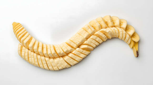Artistic arrangement of sliced bananas on a white background - Powered by Adobe