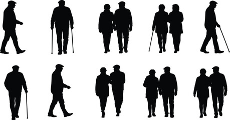 Elderly couple walking silhouette, senior man and woman together, old age love, retirement lifestyle, companionship, peaceful life illustration art.