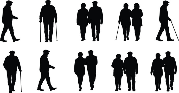 Elderly couple walking silhouette, senior man and woman together, old age love, retirement lifestyle, companionship, peaceful life illustration art. - Powered by Adobe