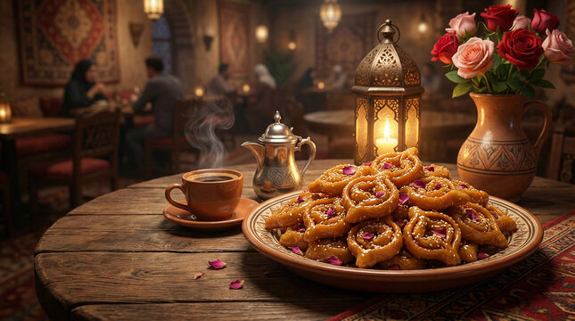A platter dishes maghrebi food of chebakia, with a cup of warm coffee
