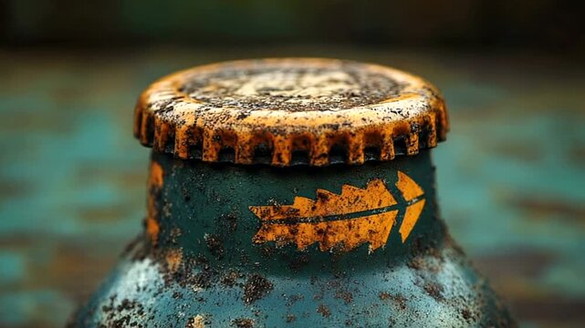Close-up of an old bottle cap with rust and dirt