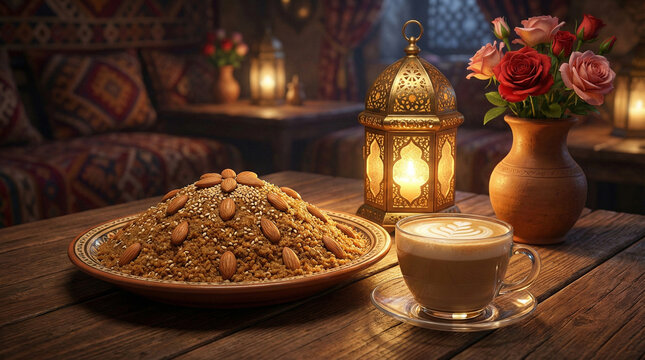 A platter dishes maghrebi food of sellou, with a cup of coffee-latte