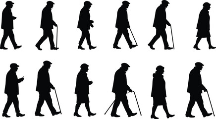 Elderly men and women walking silhouettes, senior people with canes, active aging lifestyle, retirement concept, health and mobility illustration art.