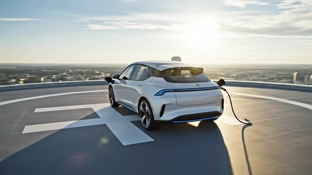 Electric vehicle charging on a rooftop platform with a cityscape in the background, showcasing sustainable transportation