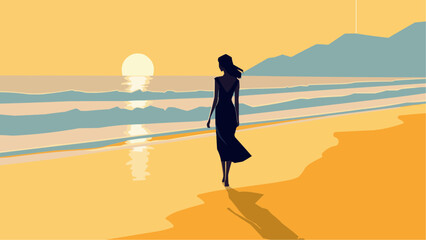 Elegant lady walking by the seaside at sunrise or sunset, with the shimmering waves and calm sea breeze lifting her long hair, in minimalist vector illustration style stock illustration