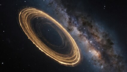 A supermassive black hole with a glowing accretion disk in deep space.