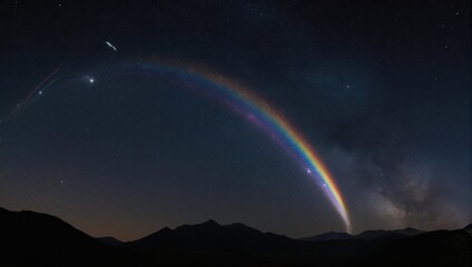 A spectacular moonbow arches across the starry night sky above a mountain range.