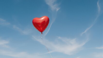 A vibrant red heart-shaped balloon floats gracefully against a clear blue sky dotted with wispy white clouds.