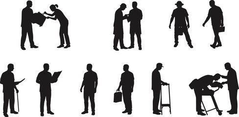 Elderly silhouettes, caregiving support, reading document, shopping bag, walker assistance, companionship, independence, healthcare interaction, senior lifestyle, daily activity illustration, 