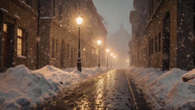 A quiet European street during a heavy winter snowstorm at night.