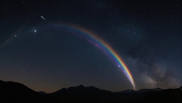 A spectacular moonbow arches across the starry night sky above a mountain range.