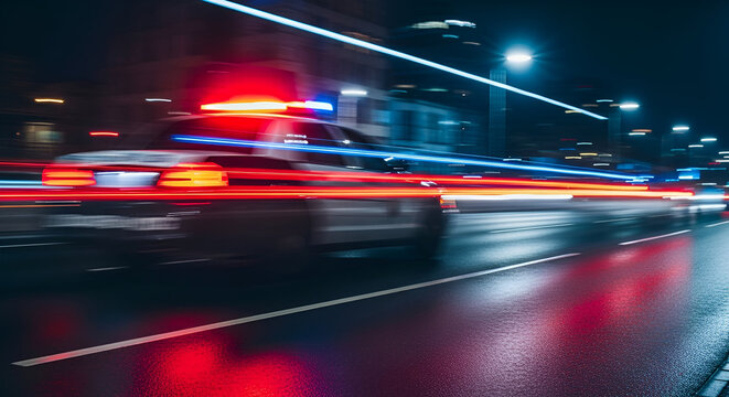 Police car speeding at night with long exposure in the city street scene