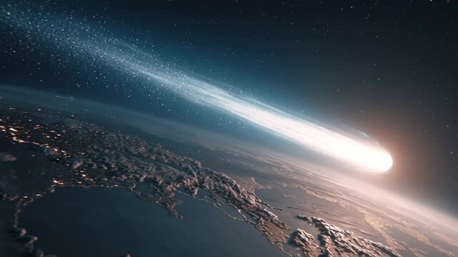 Aerial view of Earth from space at sunrise with city lights and comet tail visible in the atmosphere video (149).mp4