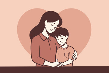 Obraz premium Mother hugging son illustration with heart background 