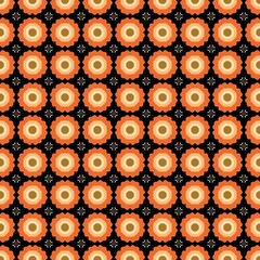 Seamless geometric pattern with orange circular motifs on black background