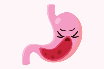 Cartoon stomach with indigestion expression and bubbly acid inside, health concept illustration. eps 10