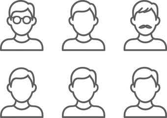 Six simple male avatar icons with different hairstyles and one with glasses
