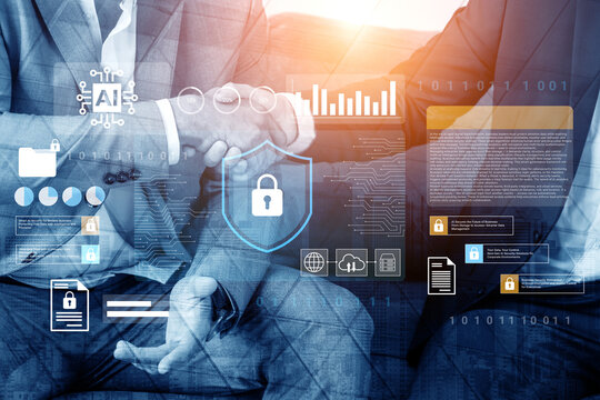 Two professional businessmen engage in a handshake surrounded by digital graphics, symbolizing secure partnerships and innovation in technology and artificial intelligence. Gantry